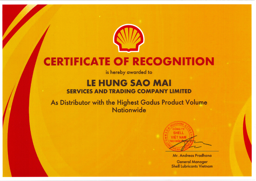 Bằng Khen Nhà Phân Phối Ủy Quyền Có Sản Lượng Gadus Lớn Nhất  do Shell Việt Nam trao tặng Lê Hùng Sao Mai