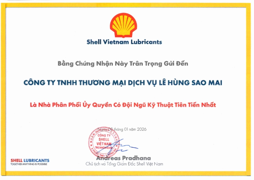 Bằng Khen Nhà Phân Phối Ủy Quyền Có Đội Ngũ Kỹ Thuật Tiên Tiến nhất do Shell Việt Nam trao tặng Lê Hùng Sao Mai