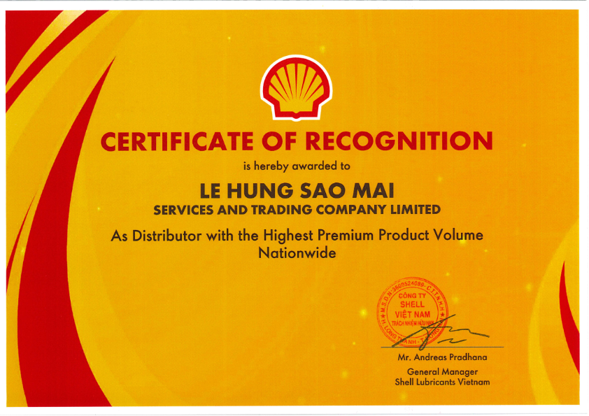 Bằng Khen Nhà Phân Phối Đạt Sản Lượng Dòng Sản Phẩm Cao Cấp (Premium) Cao Nhất Toàn Quốc do Shell trao tặng Lê Hùng Sao Mai.