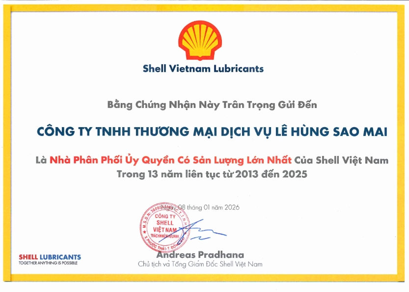 Bằng Khen Nhà Phân Phối Ủy Quyền Có Sản Lượng Lớn Nhất Việt Nam do Shell trao tặng Lê Hùng Sao Mai