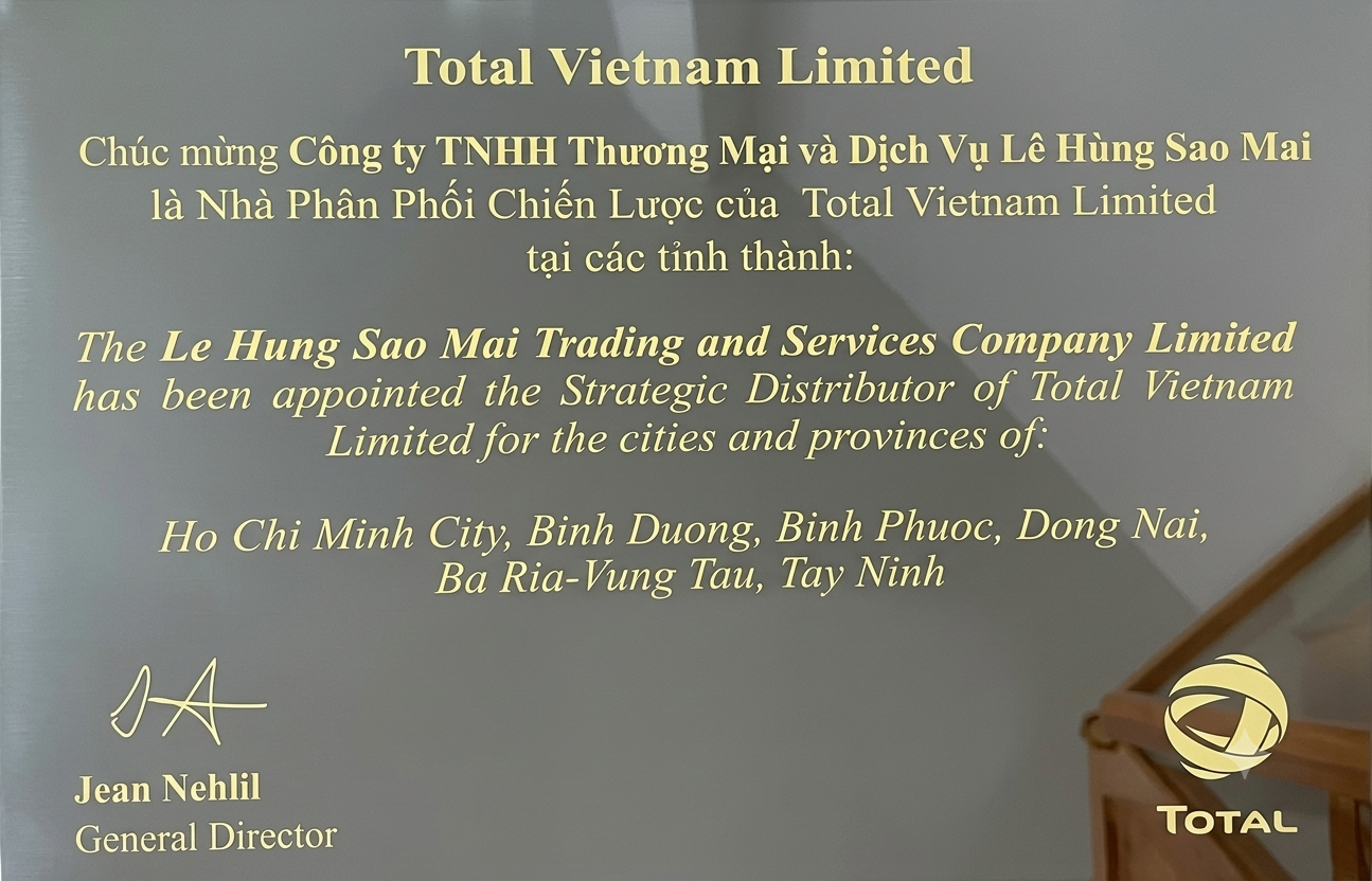 Bằng chứng nhận Lê Hùng Sao Mai là Nhà phân phối chiến lược của Total tại tại khu vực Đông Nam Bộ
