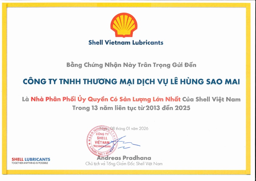 Bằng Khen Nhà Phân Phối Ủy Quyền Có Sản Lượng Lớn Nhất Việt Nam do Shell trao tặng Lê Hùng Sao Mai