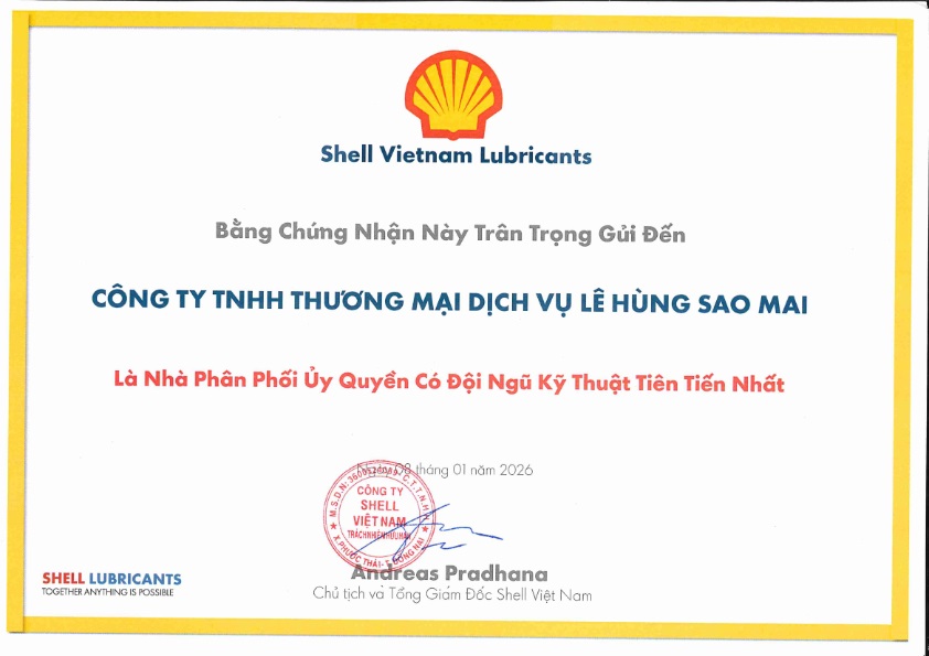 Bằng Khen Nhà Phân Phối Ủy Quyền Có Đội Ngũ Kỹ Thuật Tiên Tiến nhất  do Shell Việt Nam trao tặng Lê Hùng Sao Mai 